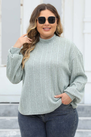 Woochic pull grande taille femme col mi-haut manches lanternes flocage côtelé vert clair XL